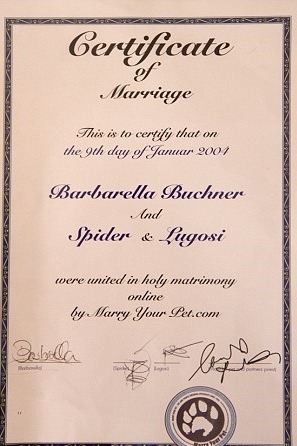 巴巴麗娜上網找到名為「marryyourpet.com」的網站，經創辦人批准、支付費用後，得到了結婚證書。　取自英國《每日郵報》