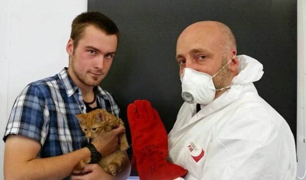 湯姆霍特金斯（Tom Watkins，右）雖然是尋找失貓的高手，但對貓嚴重過敏，讓他在接近貓時只能加重防護。    取自網路