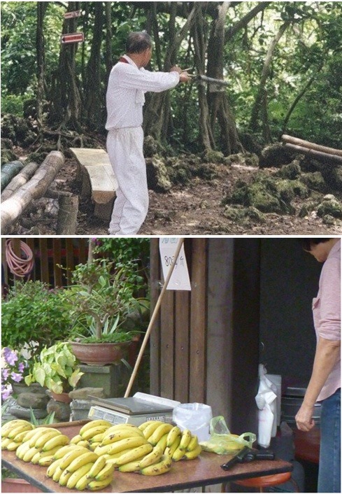 上山運動也要帶彈弓防猴擾 (林美吟/提供)， 柴山登山口下的攤販更是必備防猴BB槍。  瑭芯/攝 