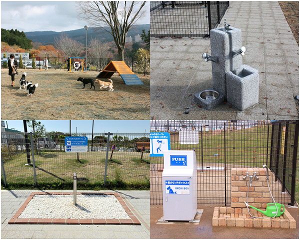 日本高速公路狗公園的設備十分完善。左上：大型犬區內的敏捷道具。右上：狗兒飲水區。左下：附公狗柱的如廁區。右下：排泄物專用垃圾桶及沖洗區。 取自網路。