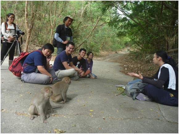 中山大學博士生林美吟帶團講解台灣獼猴生態習性      瑭芯/攝
