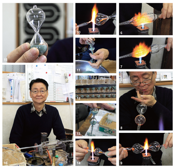 金子治郎示範如何吹出葫蘆型沙漏，沙漏中央稱為「蜂腰」的洞孔直徑約1公釐。 取自grandpatio