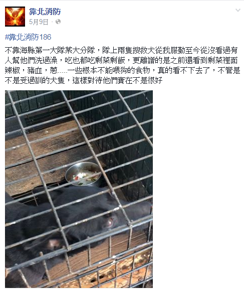 「靠北消防」的臉書頁刊出這圖文之後，電視新聞跟進踢爆「：「養搜救犬只為加分沒訓練？搜救犬只關籠不放出來？16年老狗怎參加搜救？」 取自臉書