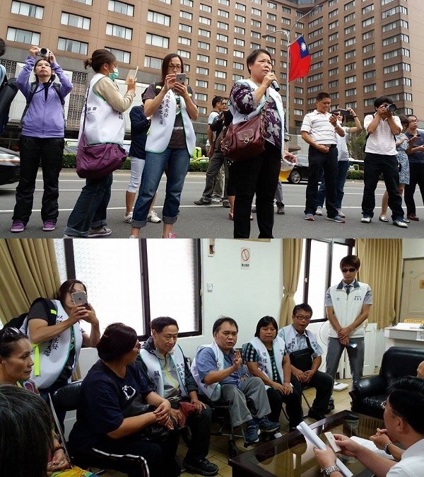 上圖：百餘位動保團體人員於10月2日下午在警政署前聚集抗議，雖然到場者以北部民眾為主，但台中和台南各來了一台遊覽車，他們以海報、字板表達對外勞虐殺和吃犬貓等犯行的不滿。 下圖：抗議民眾推派了10位代表進入警政署，詳細陳述訴求。  武藤/提供圖片