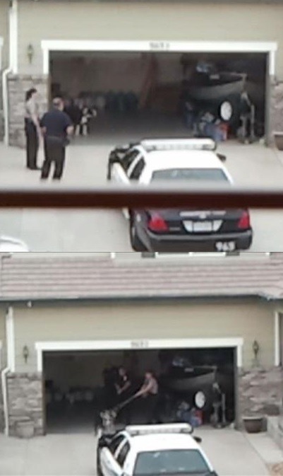 從錄影帶影像中，上圖:可看到克羅伊就是坐在車庫裡，警察則佇在車庫外觀望了好一會兒時間，下圖:用套索勒住克羅伊脖子之後，再把牠拉出車庫外。