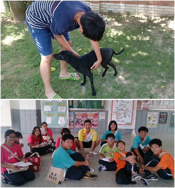 上圖:九年級應屆畢業生回校遛小黑，協助小黑做復健。下圖: 自願加入動物志工，照顧小黑生活的七八年級學弟妹。  台南楠西國中／提供