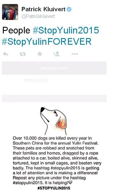 足壇荷蘭名將派屈克·克魯伊維特PO出狗狗流淚的海報，呼籲大家支持終結玉林狗肉節。　取自網路