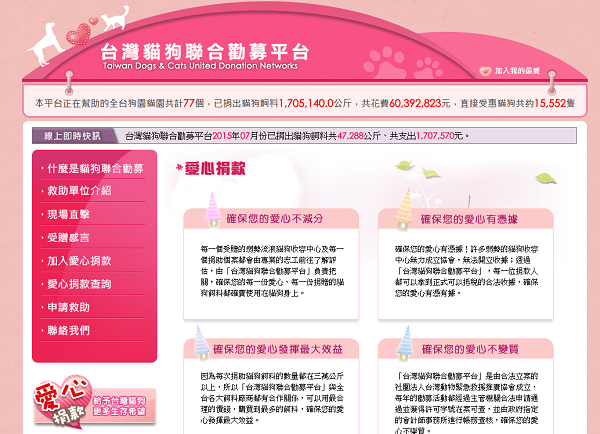 台灣貓狗聯合勸募平台7月穩定捐出47288公斤飼料，約為2627包18公斤的飼料。  取自網路