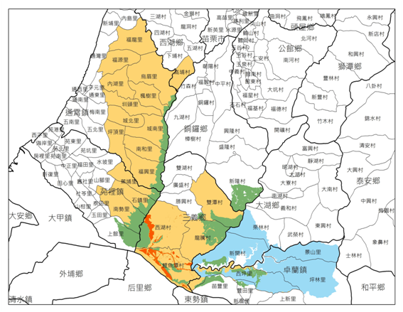 「苗栗石虎野生動物重要棲息環境」建議劃設範圍為苗栗縣西湖鄉、通霄鎮、苑裡鎮、銅鑼鄉、三義鄉』大湖鄉和卓蘭鎮等七個鄉鎮之國有財產局土地（紅色區域）、國有林班地（綠色區塊；含「三義火炎山自然保美點留區」）、鯉魚潭水質水量保護區公所（藍色區塊）及部分村里（土色區塊）。　 　　　　　　　　　　　　　　　　　　　　　　林務局新竹林區管理處/提供