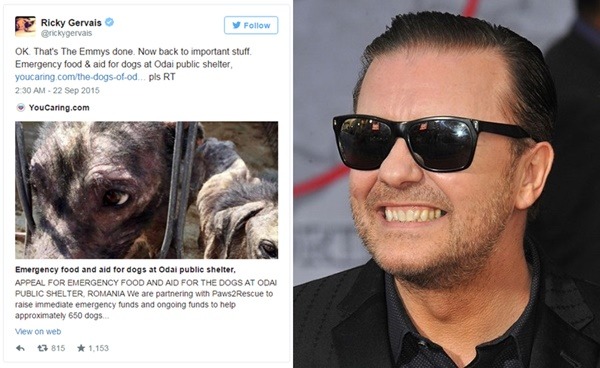 英國演員、編劇家瑞奇.傑維斯這回又當「推」手，救援了650隻羅馬尼亞的流浪狗。取自網路