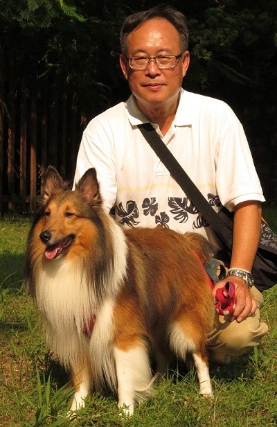 台南市關懷動物生命協會理事楊福仁飼養的喜樂蒂「福居」。   蕭士塔/攝