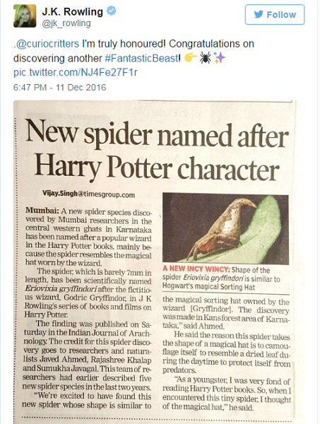 「哈利波特」作者JK羅琳聞訊後，表示與有榮焉。取自washingtonpost.com