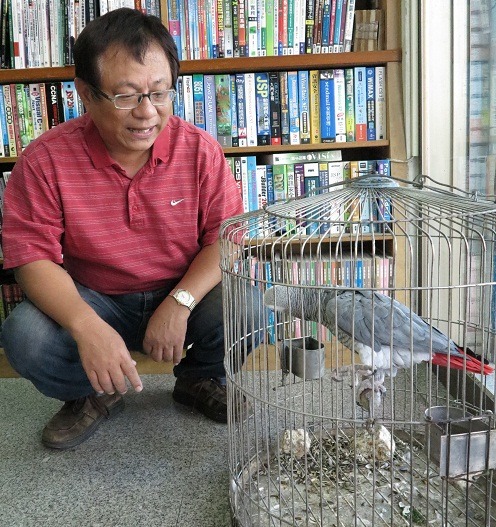 第二代經營者李俊嶢繼承書店經營模式，幾十年來鸚鵡籠子都擺在同一位置。   蕭士塔/攝