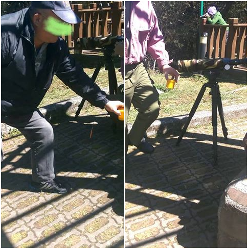 一群鳥類攝影者在玉山國家公園內餵食誘拍，以期拍出偽自然的美照效果。玉山分隊/提供