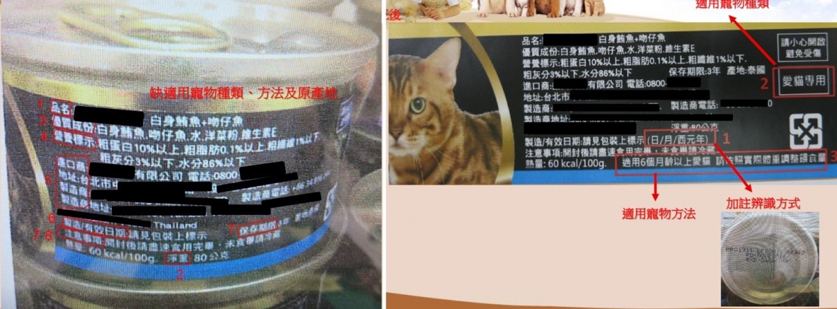 標示不合格的商品(圖左),改正後的標示(圖右)。 擷取自法務部簡報檔