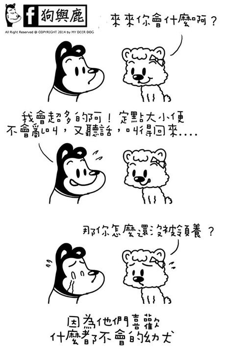 狗與鹿的創作者James特別畫出成犬的優點，鼓勵大家多領養。　取自「狗與鹿」粉絲專頁