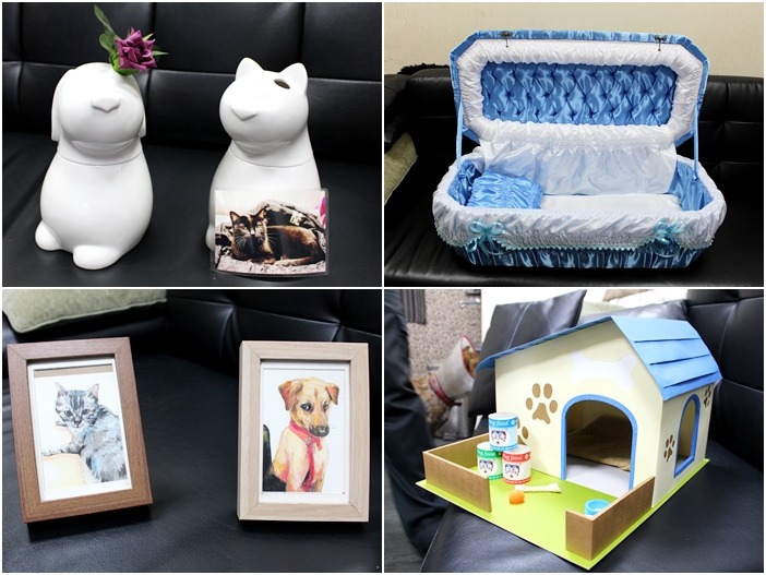 精緻典雅的花葬骨罐(左上)放在家中也不突兀,客製的粉彩畫寵物活靈活現(左下),不同的專案中會包含紙棺(右上)、紙紮屋(右下)等等。 何宜/攝