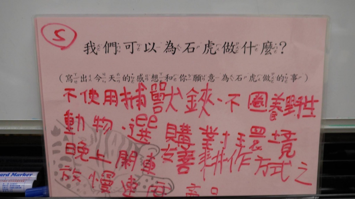 簡單的保育觀念，對孩子來說很好懂，也看出了教育的重要。　取自友善環境。守護石虎(錢憶涵/攝)