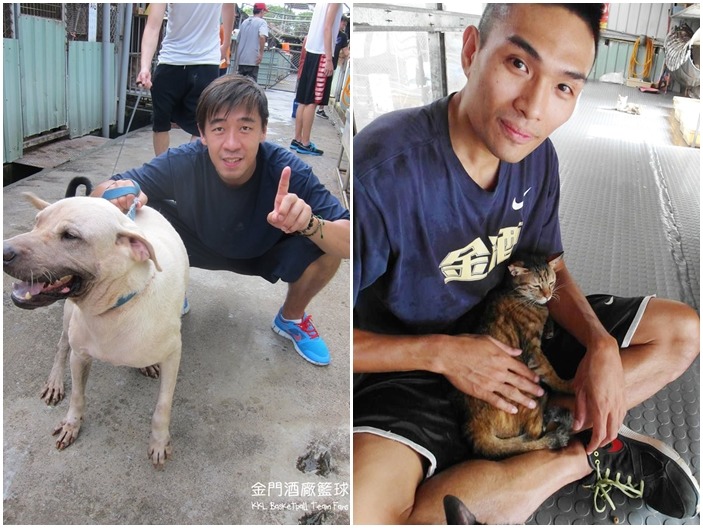 隊長楊哲宜(左)養過一隻拉拉，但狗狗過世後相當難過，至今不打算再養狗；郭少傑(右)家中有2狗2貓，到狗場幫忙也馬上跟貓打成一片。　金酒籃球隊/提供