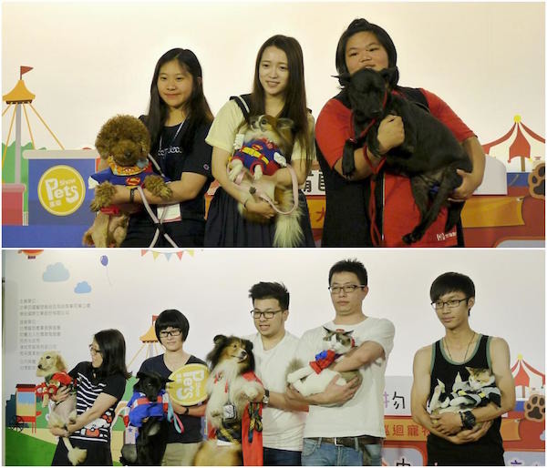 動物保護協進會志工帶著流浪狗(上圖)、與春日男女神活動票選的得獎者(下圖)，今日都特別道現場參與開幕走秀。   何宜/攝