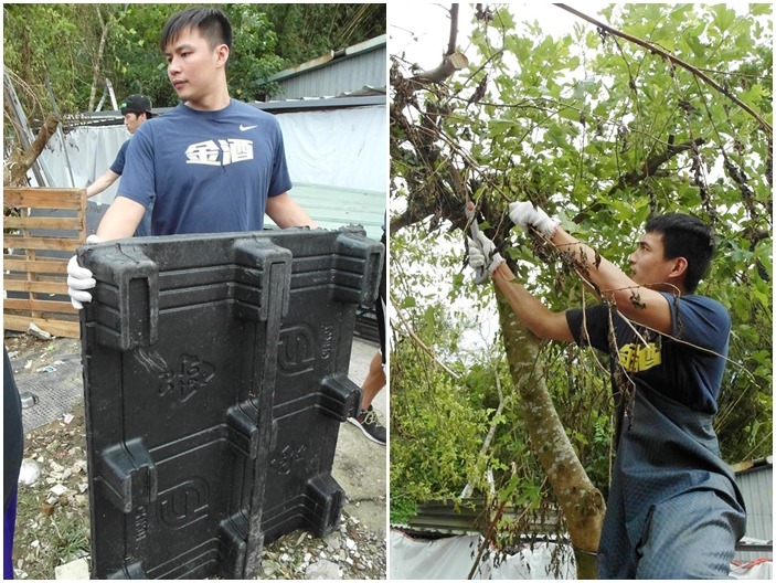 隊員鄧安誠(左)家中也養了2隻柴犬；林韋翰(右)小時候家裡養過狗，到狗場服務時非常投入！　　金酒籃球隊/提供