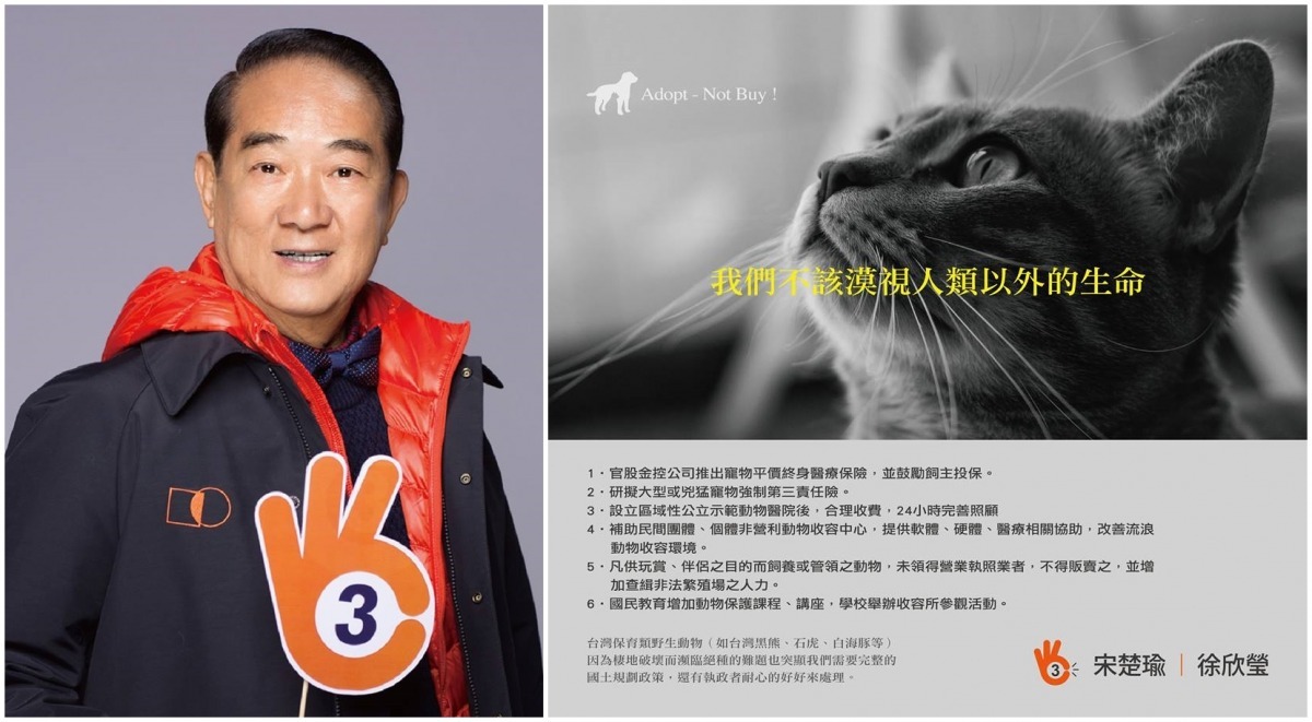 宋楚瑜提出的動保政見較著重在同伴動物，但也有提到野生動物層面。　取自宋楚瑜找朋友