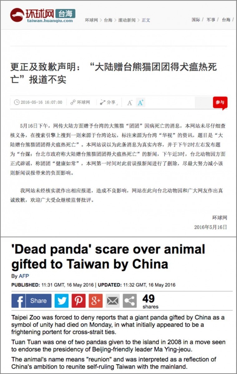 環球網事後也發出道歉聲明,而這個烏龍事件也登上每日郵報! 翻攝自網路