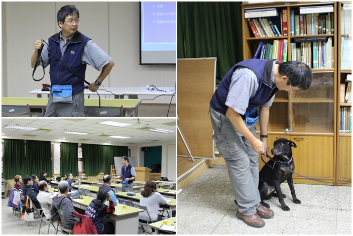 祁偉廉示範遛大型狗時正確牽繩拿法(左上圖),動保處同仁仔細聽解(左下圖),而課堂中擔任助教的狗狗則來自板橋動物之家,相當乖巧(右圖)。 何宜/攝
