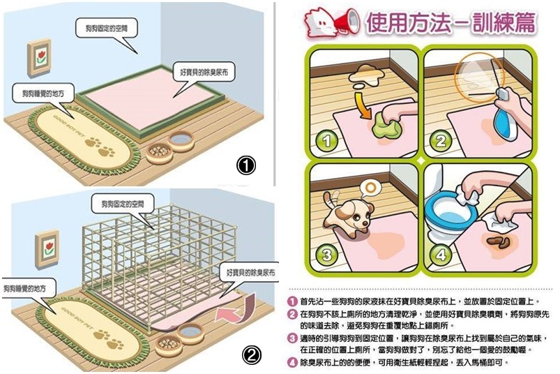 郭瑋婷提供訓練狗狗定點大小便的方法，而普遍小狗會比老狗更容易學會。　取自好寶貝寵物居家臉書