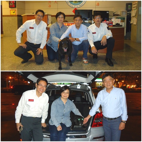 控犬員林鴻麟(上下圖最左)表示，甘先生與周小姐昨天晚間9點親自到消防局將Bailey帶回家。　台北市消防局/提供