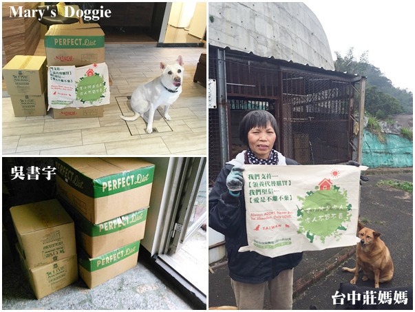 民眾飄旗、福壽捐飼料給狗園的狗兒，活動合作的3處狗園日前都收到飼料囉！　福壽實業/提供