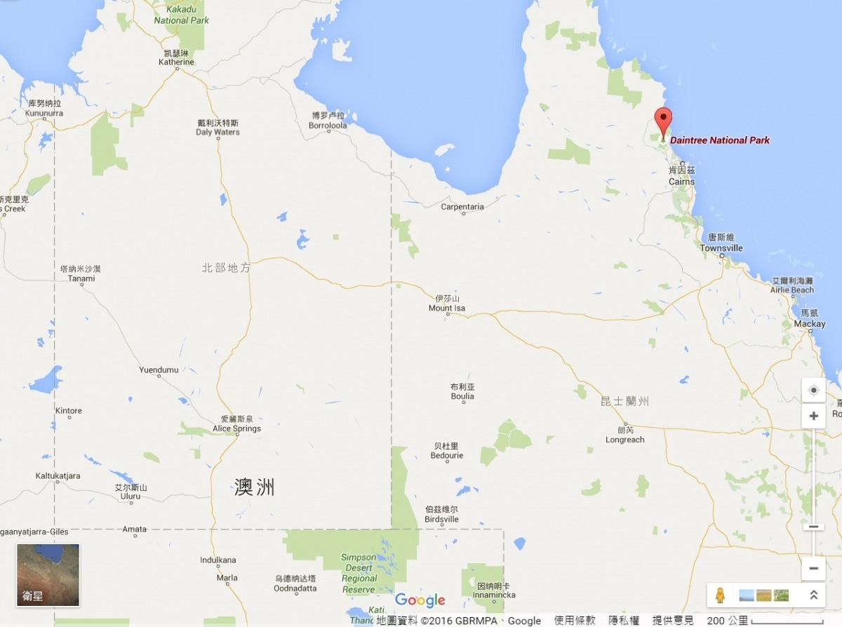 上圖紅點就是這次傳出鱷魚攻擊的黛恩樹國家公園。　地球圖輯隊
