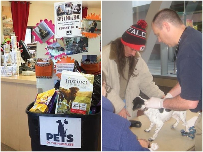 Pets of the Homeless組織募集飼料發放給遊民養的狗(左圖)，此外也會提供免費的基本醫療(右圖)。　取自Feeding Pets of the Homeless