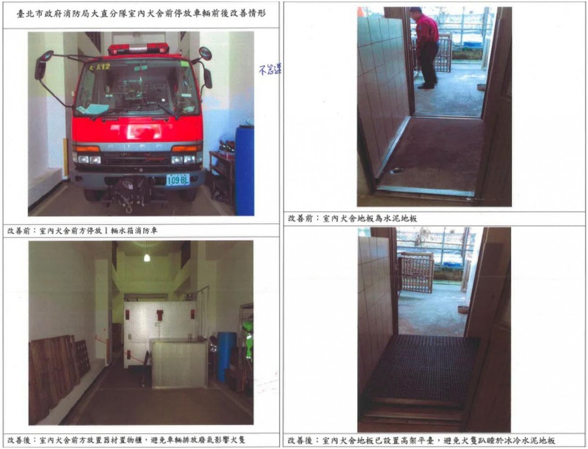 目前大直分隊犬舍依照議員建議做出改善。   陳孋輝議員辦公室/提供