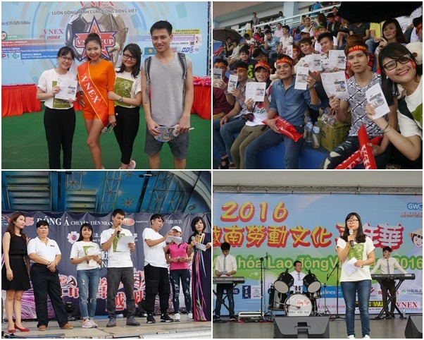 動平會與移工同學合作擺攤宣導,上圖左、右為VNEX盃足球比賽,當天就有500人參加,下圖左則為共有700人參與的台中音越國慶、下圖右則是有1000人盛會的越南勞動嘉年華。 動平會/提供