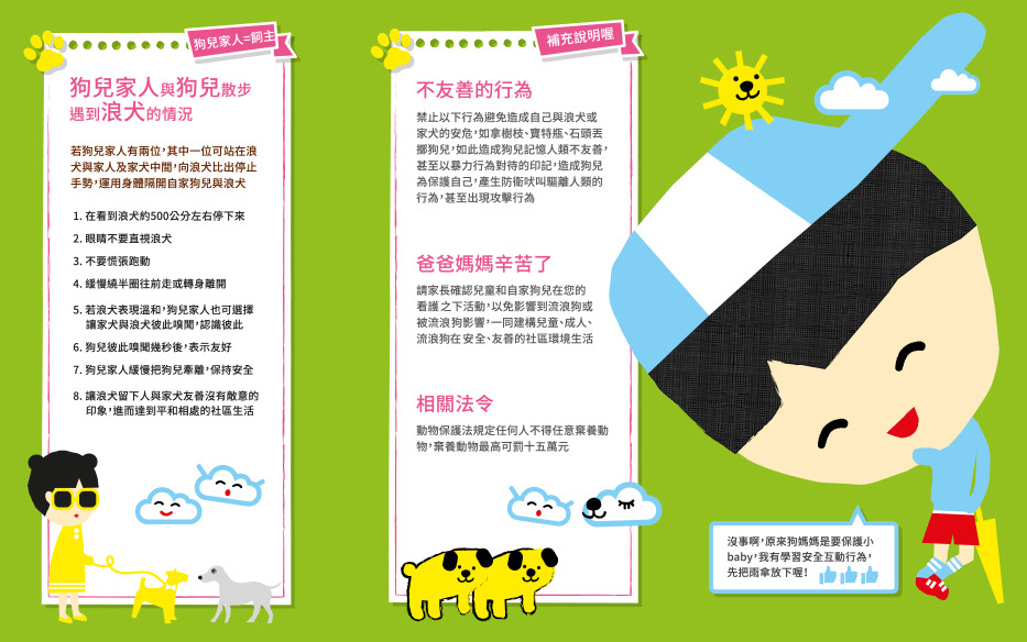 遇到浪犬可以以大面積物品（如：書包）擋在中間，但是不需要丟擲石塊、拿雨傘揮舞，反而會造成狗狗因害怕而攻擊。　台灣動物平權促進會/提供