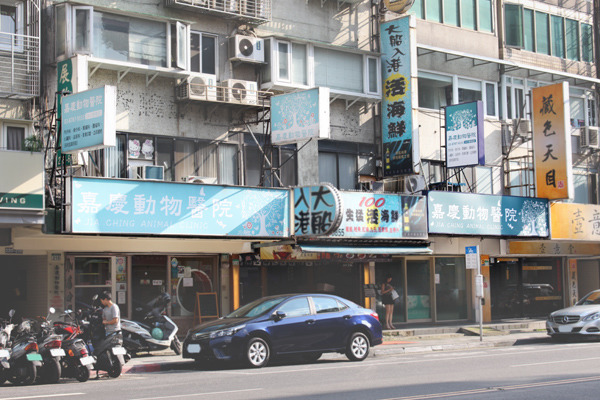 遠看會發現有兩家都叫嘉慶動物醫院的店面，左邊是掛號兼貓診區、右邊是狗診區！　何宜/攝