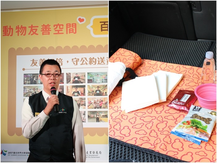 台灣大車隊友善動物司機黃閔泰本身也有養狗，身為愛狗人的他甚至會在車上準備保潔墊、毛巾、尿布、飼料、水、濕紙巾等寵物用品。　　何宜/攝