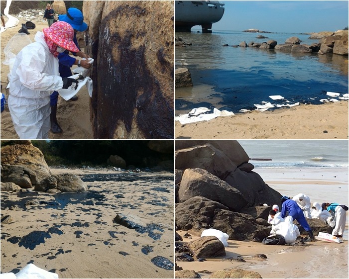 一艘原本停在廈門的貨船被莫蘭蒂的強風吹到金門古崗海岸,擱淺船隻也發生漏油污染,海灘及礁石遍布油污。 取自金門向前(莫蘭蒂颱風災後專區)