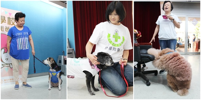 各個動保協會都請來飼主/訓練師實際示範，左起為Peant麻、黑妞麻和哈樂嘛。　何宜/攝