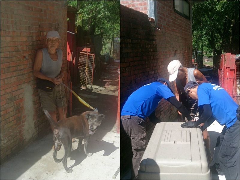 8月中，老榮民樂金昌與小黑告別時相當不捨。　新北市動保處/提供