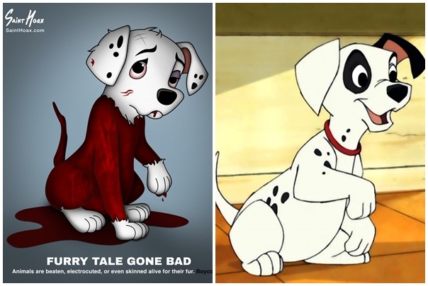 原本活潑可愛的101忠狗，失去的身上的毛髮後，眼神透露出極大的痛苦。　取自Saint Hoax官網及網路