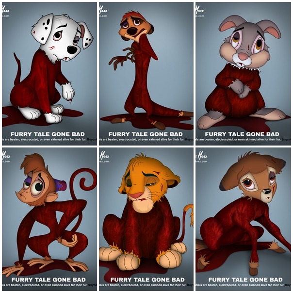 中東藝術家Saint Hoax將迪士尼裡的動物們化身成失去皮毛的血淋淋模樣，希望抵制皮草。　取自Saint Hoax官網