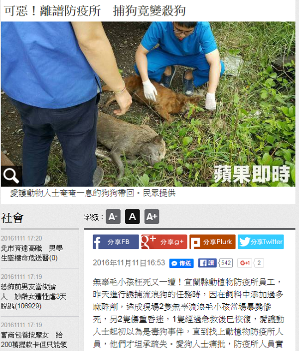蘋果日報剛剛發佈一則消息，指出宜蘭縣動植物防疫所因麻醉餵食過量造成犬隻死亡。　翻攝自蘋果日報