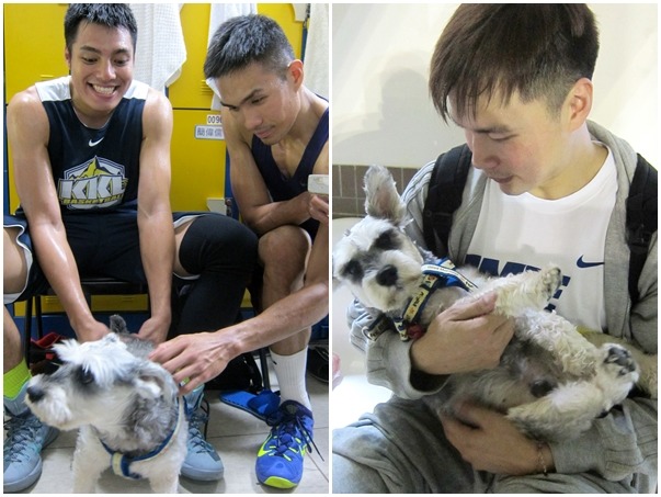 超人把拔劉昱辰(左圖左)目前主要照顧高粱，隊員郭少傑(左圖右)家中自己也養了2狗2貓，而高粱被隊員鄧安誠(右圖)抱在懷裡簡直像個小孩！
