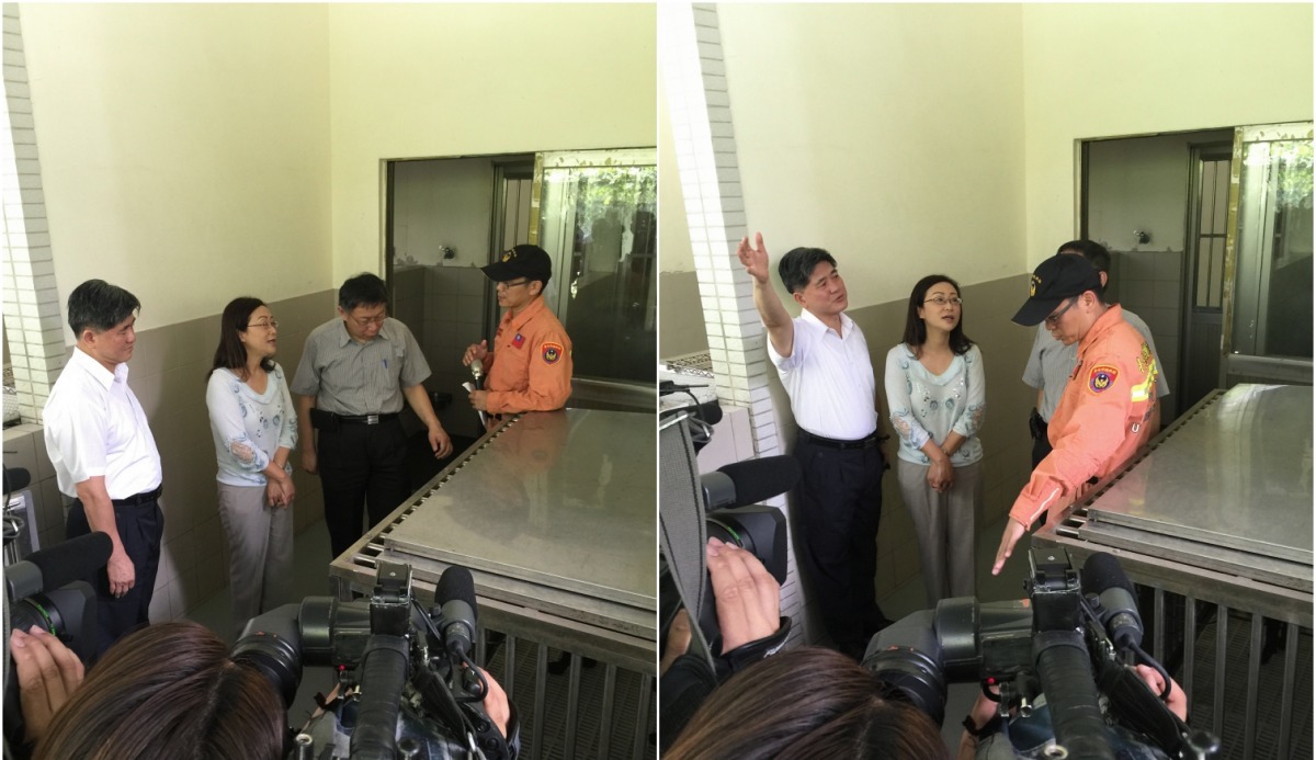 市長柯文哲與消防局長及議員陳孋輝參觀搜救犬犬舍。   陳孋輝議員辦公室/提供