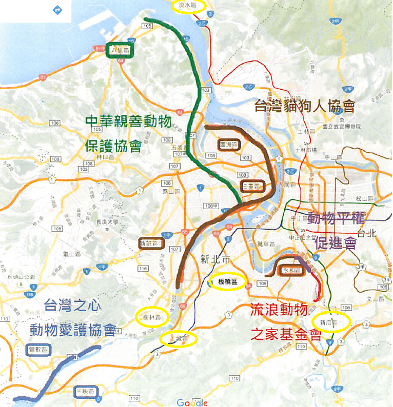 目前新北市高灘地各個動保團體認領區段圖，黃色圓框中為尚無協會認領實施TNVR的地區。　翻攝自新北市高灘地