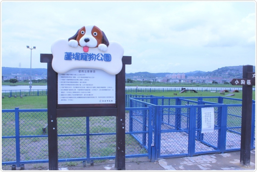 蘆堤寵物公園是新北市第2座狗狗運動公園，同樣有一大片綠油油草地能讓狗狗奔跑。　取自新北水漾