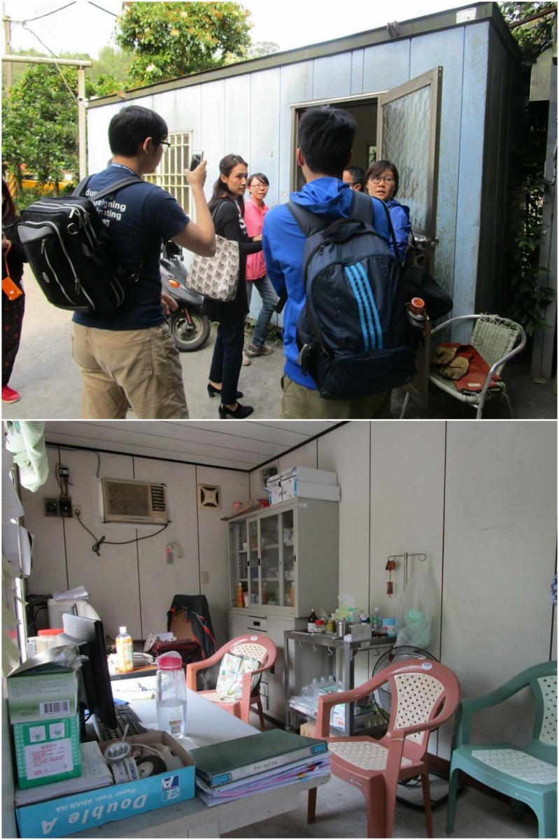 收容所獸醫每天辦公的地方就僅有一個小小的鐵皮屋，當天連參訪單位都只能站全程、因為根本沒地方坐。   取自兒少尖兵-立法委員王育敏