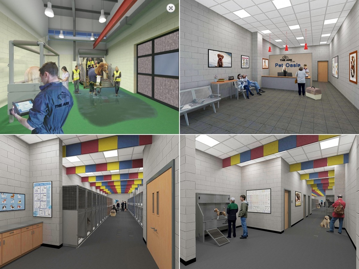 左上圖為馬匹檢疫區，其餘皆為寵物綠洲的模擬圖，包含接待櫃臺與房舍等等。　取自The ARK官網